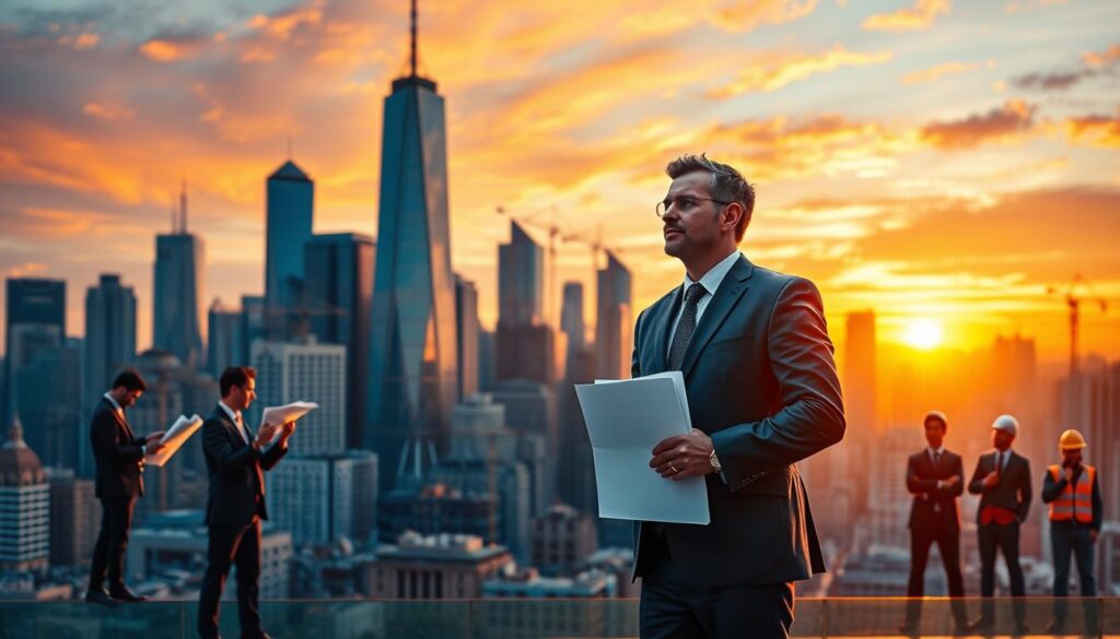 A high-rise cityscape with skyscrapers and cranes against a vibrant, sunset sky. In the foreground, a well-dressed urban professional, the "再開発プランナー," stands with a portfolio, gazing thoughtfully at the city. Surrounding them, a diverse array of figures represent various career paths - an architect examining blueprints, a real estate agent closing a deal, a public official in a suit, and a construction worker in a hard hat. The scene conveys the dynamic, multifaceted nature of the "再開発プランナー" role and the potential career trajectories within the urban redevelopment industry. Warm, golden lighting bathes the scene, evoking a sense of opportunity and progress.
