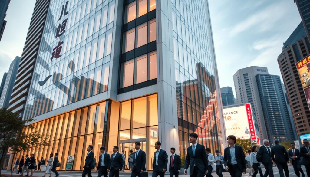 A high-rise office building with sleek, modern architecture stands proudly in the heart of a bustling Japanese city. The building's facade features clean lines, floor-to-ceiling windows, and a subtle blend of traditional Japanese design elements. In the foreground, a team of well-dressed Japanese business consultants strides purposefully towards the entrance, exuding an aura of professionalism and expertise. The lighting is soft and warm, casting a welcoming glow over the scene. The background is filled with the hum of activity, with other office buildings and the distant skyline visible. The overall atmosphere conveys a sense of efficiency, attention to detail, and a deep understanding of Japanese business culture.