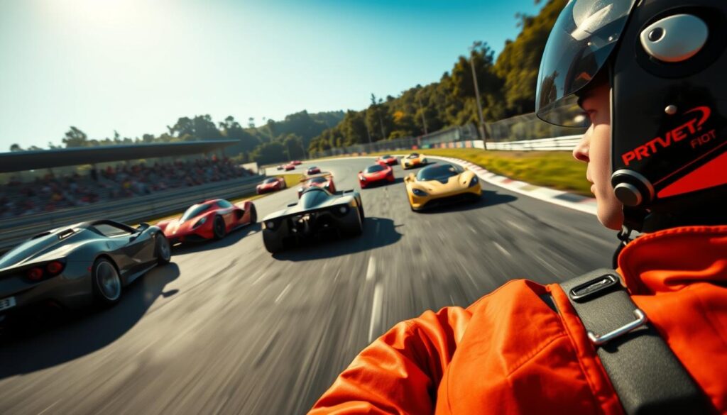 A high-speed race on a winding circuit, with sleek sports cars jostling for position under the glare of the sun. In the foreground, a driver in a vibrant race suit leans forward, their eyes narrowed in fierce concentration as they navigate a tight turn. In the middle ground, other cars battle it out, tires screeching and engines roaring. The background is a blur of spectator stands and lush greenery, creating a sense of energy and urgency. The scene is captured with a wide-angle lens, emphasizing the speed and intensity of the race. The lighting is dramatic, with shadows and highlights accentuating the curves and angles of the cars. The overall atmosphere is one of intense competition, testing the limits of the drivers' skill and bravery.