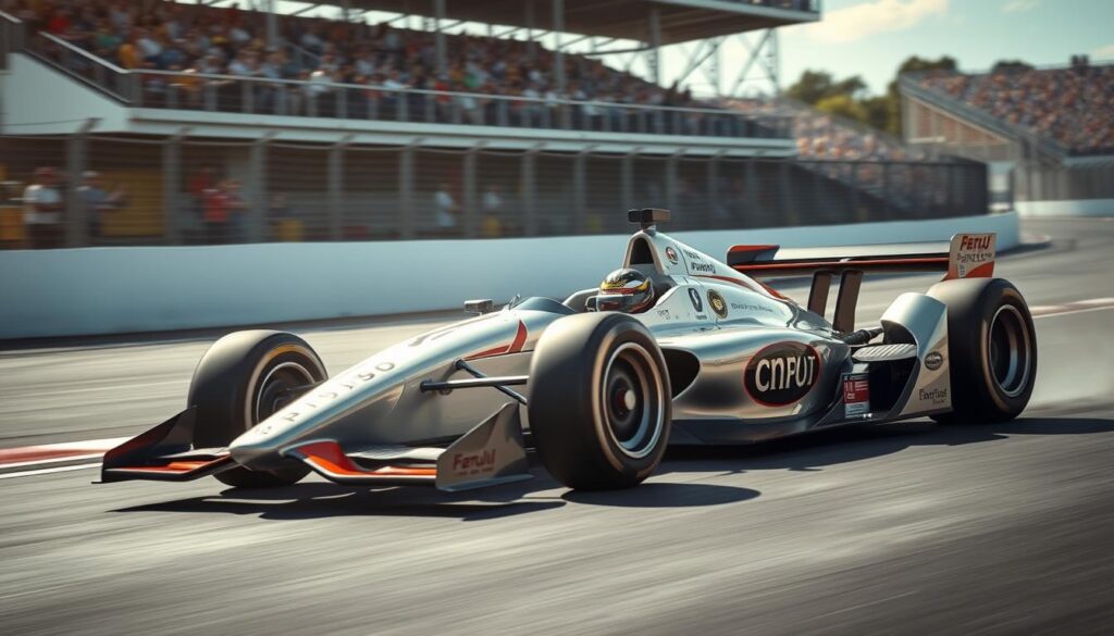 A high-speed racecar cuts through the air, its sleek design and powerful engine propelling it forward with precision. The driver, their reflexes honed by years of training, navigates the winding track with grace and poise. Sunlight glints off the vehicle's aerodynamic curves, casting dynamic shadows that accentuate its dynamic movement. In the background, the grandstands are filled with cheering spectators, capturing the thrill and excitement of the race. The scene is a testament to the technical mastery and split-second decision-making required to excel as a professional racing driver.