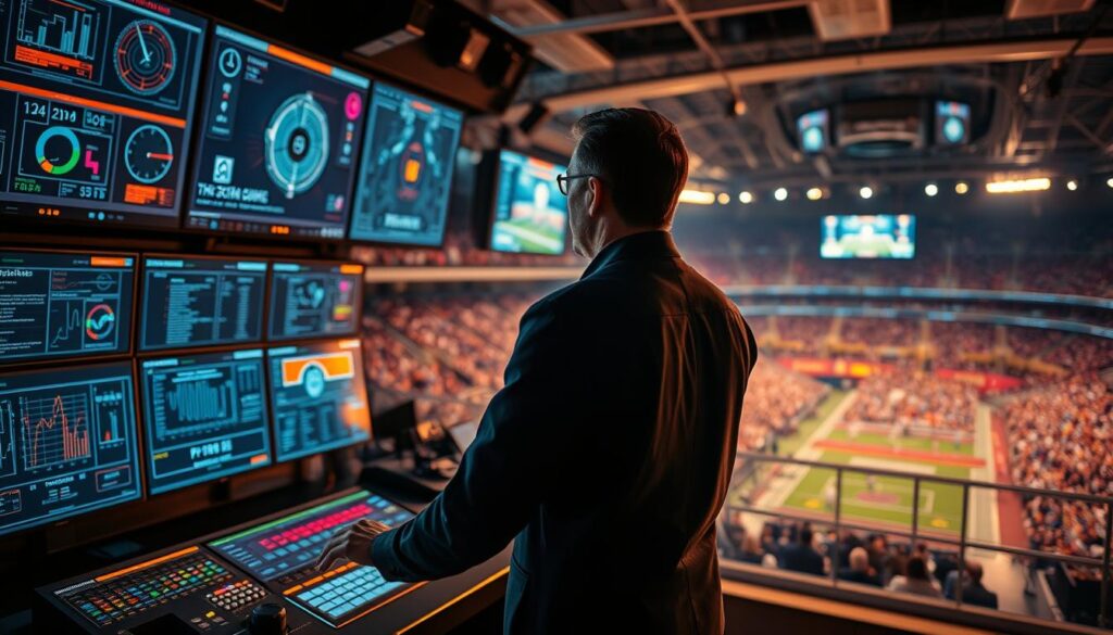 A high-tech control room with multiple screens displaying data visualizations and complex schematics. In the foreground, a technical director stands at a sleek console, fingers dancing across touch-sensitive controls as they monitor the real-time performance of a large-scale sporting event. Warm, focused lighting illuminates their intense expression, underscoring the gravity of their role in ensuring the seamless technical operation of the event. In the background, a panoramic window offers a view of the arena, where athletes compete against a backdrop of vibrant, energetic crowds. The overall scene conveys the cutting-edge technology, immense responsibility, and future-forward vision of the technical director's profession.