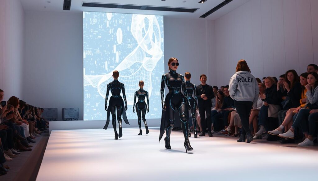 A high-tech fashion runway in a sleek, minimalist setting. The stage is illuminated by a warm, diffused lighting, casting a soft glow on the models who showcase the latest digital-inspired couture. In the background, a towering holographic display projects abstract data visualizations, symbolizing the integration of technology and fashion. The models move with a fluid, robotic grace, their garments incorporating futuristic materials and interactive elements. The audience, dressed in contemporary streetwear, observes the spectacle with a sense of awe and wonder, immersed in the vision of fashion's digital transformation.