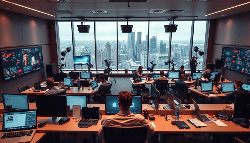 A high-tech media newsroom in a modern office setting, with a focus on digital transformation. The foreground features rows of desks with employees intently working on their sleek laptops and tablets, surrounded by large digital displays showcasing live data and news feeds. The middle ground shows various media production equipment like cameras, microphones, and editing bays, all integrated with advanced AI-powered software. In the background, a panoramic window overlooks the bustling cityscape, symbolizing the industry's expansion into the digital realm. Soft, warm lighting creates an atmosphere of productivity and innovation, while muted tones of greys and blues convey the serious, professional nature of the media industry.