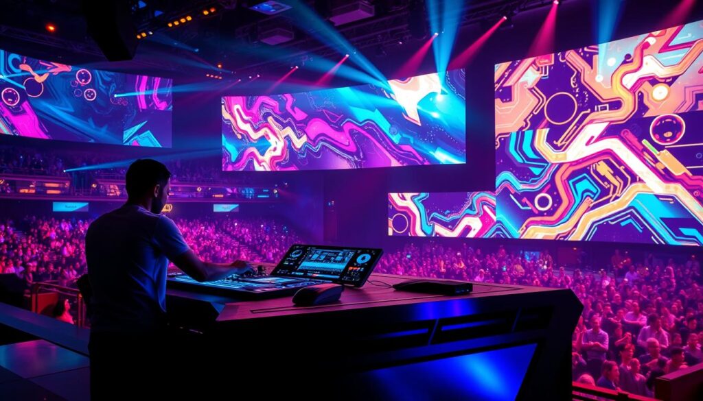 A high-tech video jockey booth in a futuristic concert hall, bathed in a kaleidoscope of vibrant, pulsing lights. The jockey manipulates a holographic interface, seamlessly blending visuals and sounds to create an immersive, otherworldly experience for the audience. In the background, a vast panoramic screen displays abstract, ever-evolving digital art, complementing the music and creating a synesthetic fusion. The booth is sleekly designed, with sleek, angular lines and state-of-the-art equipment, hinting at the jockey's mastery of the latest audiovisual technologies. The scene conveys a sense of boundless creativity and the endless possibilities for the future of video performance art.