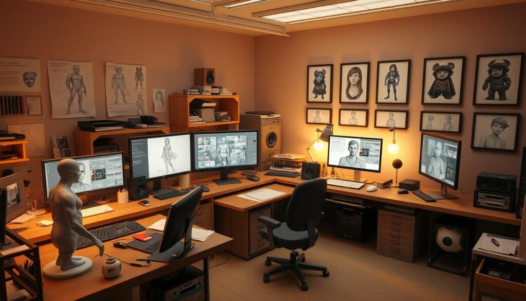A highly detailed 3D render of a character design workflow, showcasing the various stages and processes involved. The scene depicts a meticulously organized studio space with a central desk, multiple computer workstations, and various design tools and references. Soft, warm lighting illuminates the scene, creating a professional and focused atmosphere. In the foreground, a character model is being sculpted and refined, while in the middle ground, concept sketches and digital paintings are displayed on nearby screens. The background features a series of framed character illustrations, representing the final approved designs. The overall composition conveys the comprehensive and collaborative nature of character design, with a sense of diligence and attention to detail.