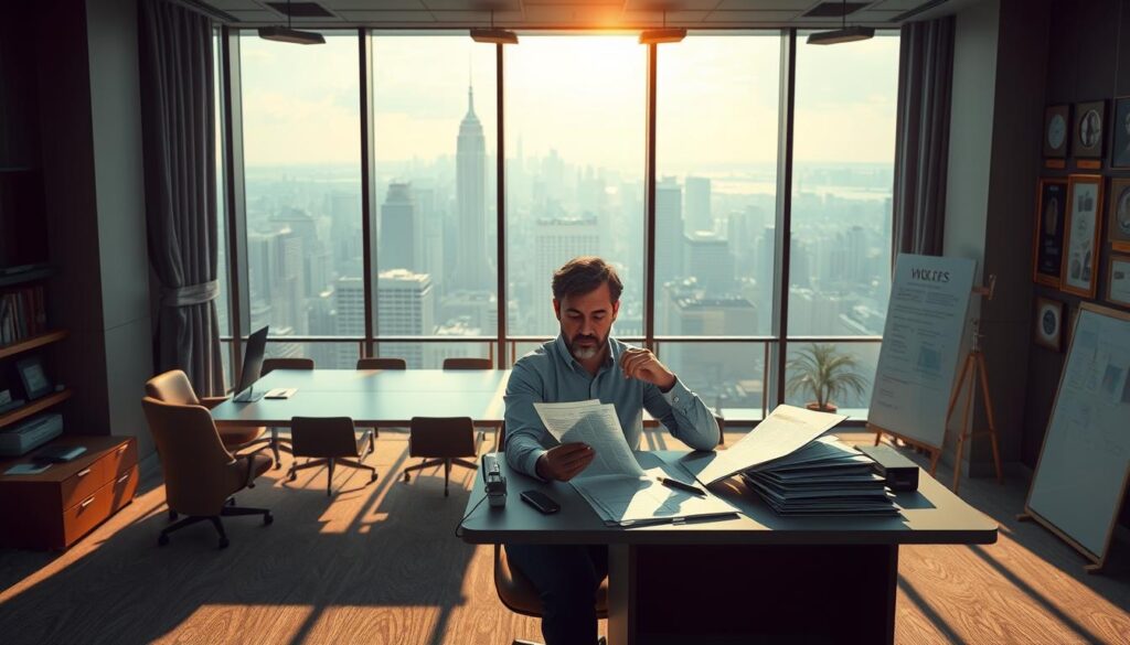A highly detailed and cinematic illustration of an executive producer's work environment. A large, modern office with floor-to-ceiling windows overlooking a bustling city skyline. Soft, natural lighting illuminates the space, creating a warm and professional atmosphere. In the foreground, an executive producer sits at a sleek, minimalist desk, deeply engrossed in reviewing project proposals and financial documents. Their expression is one of focused concentration, reflecting the intense decision-making and strategic planning that defines their role. The middle ground features various collaborative tools, such as a large conference table, whiteboards, and communication devices, suggesting the producer's involvement in coordinating teams and overseeing complex productions. The background depicts a wall of framed awards and accolades, hinting at the producer's track record of success and industry recognition. The overall scene conveys the high-stakes, multifaceted nature of an executive producer's