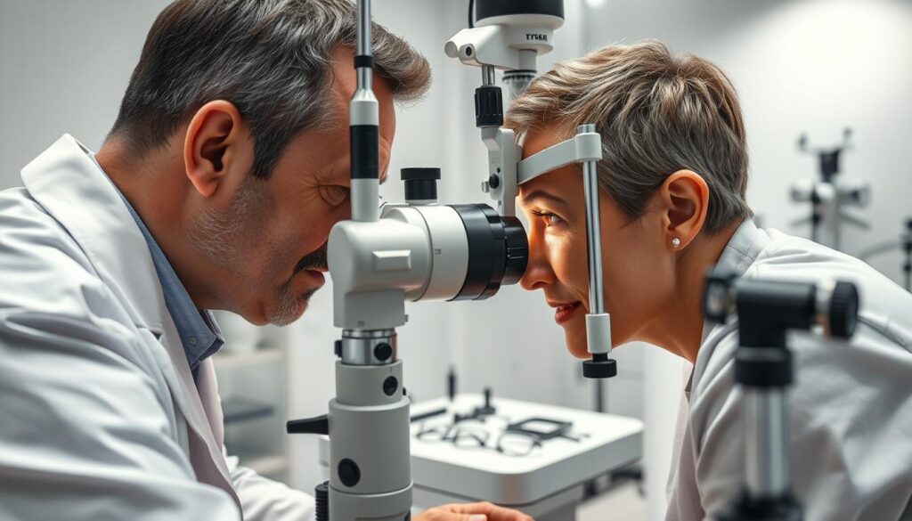 A highly detailed and photorealistic scene of an eye examination by an optometrist. In the foreground, a patient's eye is being closely examined using a specialized eye examination device, such as a slit lamp. The optometrist is wearing a white lab coat and is intently focused on the patient's eye, with a look of professional concentration. The patient's face is partially visible, conveying a sense of trust and cooperation. In the middle ground, various medical instruments and equipment associated with eye exams are neatly arranged on a clean, well-lit examination table. The background depicts a modern, well-equipped optometry clinic, with clean white walls, bright lighting, and a subtle sense of clinical precision. The overall mood is one of professionalism, technical expertise, and a focus on patient care.