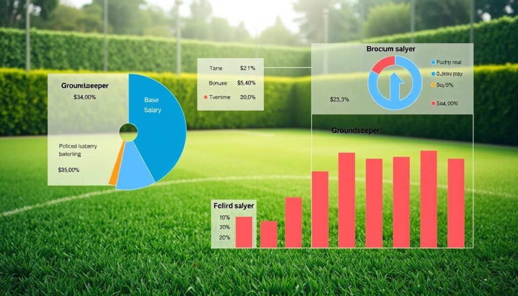 A highly detailed illustration of a groundskeeper's salary structure, showcasing various pay components and their relative proportions. The scene depicts a meticulously manicured sports field, with lush green grass and immaculately trimmed hedges in the background. In the foreground, a series of pie charts and bar graphs hover above the field, each element precisely rendered with a clean, infographic-style aesthetic. The charts display detailed breakdowns of the groundskeeper's base salary, overtime pay, bonuses, and benefits, providing a comprehensive visual representation of their compensation. The lighting is soft and diffused, creating a professional, informative atmosphere. The overall composition is balanced and visually striking, making it an effective illustration for the article's "Groundskeeper Salary and Compensation Structure" section.