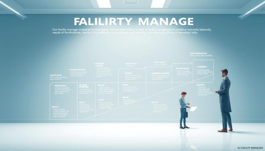 A highly detailed illustration of the career path for a facility manager, showcasing their progression from entry-level positions to senior management roles. The image should depict a clean, corporate environment with a focus on organizational hierarchy, skill development, and professional growth. Utilize a three-dimensional perspective to create a sense of depth, with the foreground highlighting key milestones and responsibilities, the middle ground showcasing the various roles and job titles, and the background hinting at the broader scope of facility management, such as building maintenance, operations, and strategic planning. Incorporate subtle visual cues to convey the importance of continuous learning, problem-solving, and leadership skills in a facility manager's career. Utilize a cool, neutral color palette to maintain a professional and authoritative tone.
