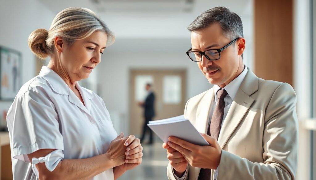 A highly detailed illustration showcasing the key differences between a care worker and a social welfare worker. In the foreground, a care worker in a white uniform tenderly assists an elderly patient, their hands clasped with empathy. In the middle ground, a social welfare worker in a professional suit reviews documents, their expression thoughtful and focused. The background features a blurred medical facility, conveying the distinct work environments. The lighting is soft and natural, creating a calming, professional atmosphere. Captured with a wide-angle lens to emphasize the contrast between the two roles, this image effectively communicates the nuanced responsibilities and qualifications that distinguish these important professions within the eldercare industry.