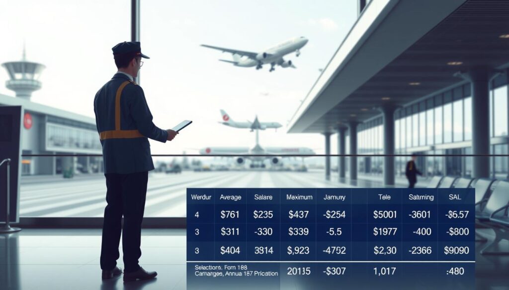 A highly detailed, photorealistic illustration of a Japanese marshaller's salary structure, captured in a clean, professional style. The composition features a neatly organized data visualization in the foreground, displaying a breakdown of average and maximum annual incomes for this occupation. The middle ground showcases a marshaller carrying out their duties at an airport terminal, with a sense of efficiency and purpose. The background subtly depicts the expansive scale of the aviation industry, with sleek aircraft taking off and landing against a backdrop of modern architectural elements. Crisp lighting, a shallow depth of field, and a muted color palette imbue the scene with an air of authority and credibility.