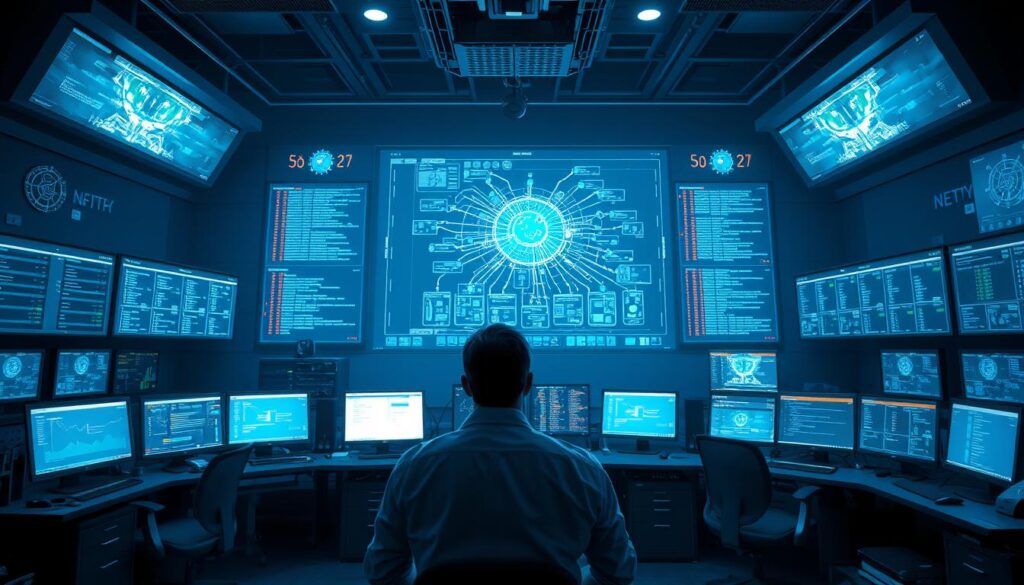 A highly detailed, photorealistic illustration of a network management control room, with a large central display showing a complex network topology, surrounded by various monitoring screens, server racks, and workstations. The scene is bathed in a cool, bluish light, creating a sense of technological sophistication. In the foreground, a system administrator is intently focused on the displays, making adjustments and analyzing data. The overall atmosphere conveys the depth and complexity of the network administrator's role in maintaining and optimizing the organization's critical infrastructure.