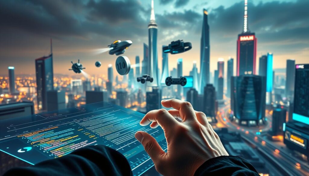 A highly detailed, photorealistic illustration of the essential skills required for game development, set against a sleek, futuristic backdrop. In the foreground, a developer's hands coding on a holographic interface, their fingers deftly manipulating lines of code. In the middle ground, various development tools and technologies - game engines, 3D modeling software, audio editing suites - hovering and pulsing with energy. In the background, a cityscape of towering skyscrapers and neon-lit streets, evoking the cutting-edge, fast-paced world of modern game creation. Dramatic, directional lighting casts dramatic shadows, creating a sense of depth and atmosphere. The overall tone is one of technical mastery, innovation, and the creative power unleashed by the fusion of code, art, and design.