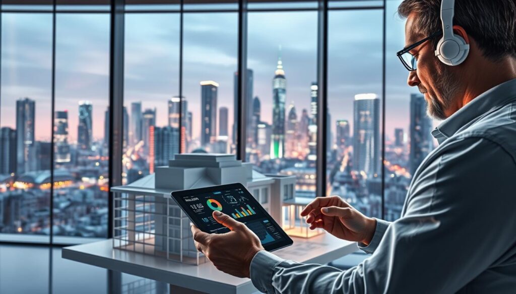 A highly detailed, photorealistic image of the latest techniques in property appraisal and valuation. The foreground features a professional appraiser carefully examining a property using advanced digital tools and sensors, with a tablet displaying real-time data analytics. The middle ground showcases a 3D model of the building rendered with precise architectural details. In the background, a city skyline is visible through large windows, with futuristic skyscrapers and a vibrant, tech-forward atmosphere. Dramatic lighting creates depth and highlights the sleek, modern aesthetic. The scene conveys the cutting-edge nature of contemporary property assessment, blending human expertise with innovative digital technologies.