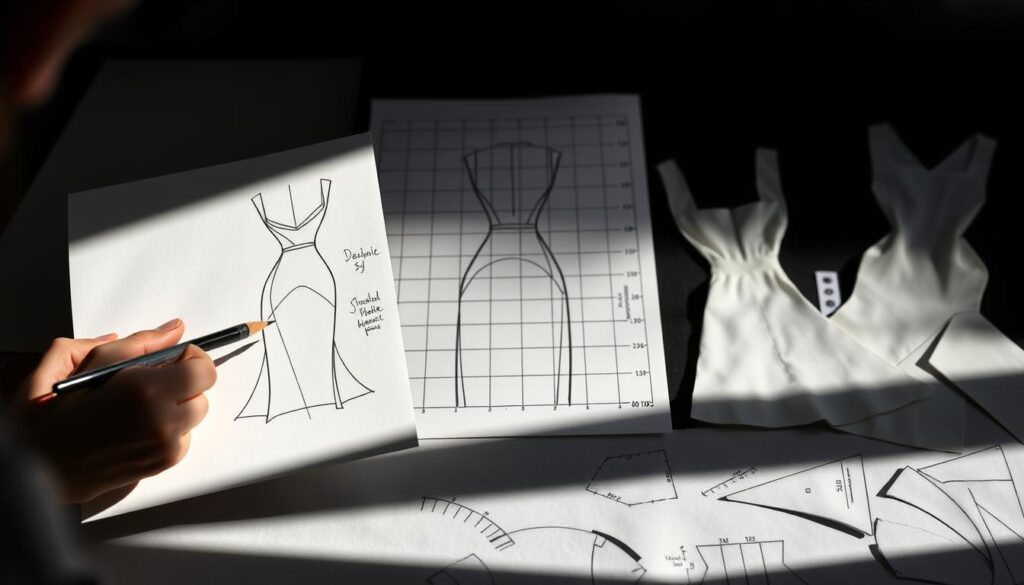 A highly detailed, technical illustration depicting the step-by-step process of pattern creation from a design sketch. In the foreground, a fashion designer's hand sketches a modern dress silhouette with delicate lines and graceful curves. In the middle ground, the sketch is transposed onto a grid, with precise measurements and markings visible. In the background, the pattern pieces are cut out from fabric, the various components carefully arranged to maximize efficiency. The overall scene is lit from the side, casting dramatic shadows and highlighting the intricate details of the pattern-making workflow. The mood is one of focused professionalism, reflecting the skilled craft of the patternmaker's trade.