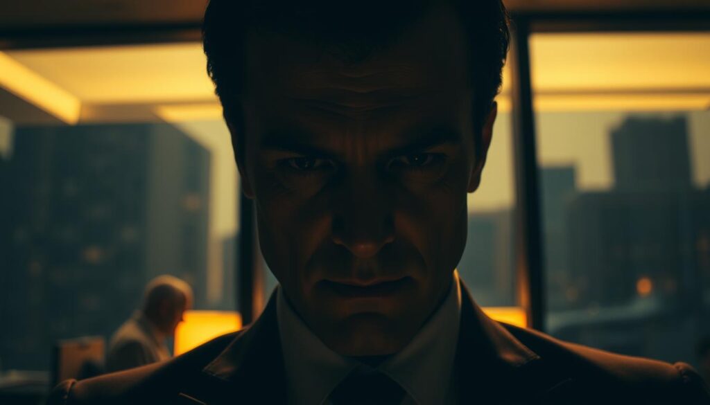 A highly skilled and strategic manipulator standing in a dimly lit office, their face partially obscured by shadows. The scene is captured with a cinematic wide-angle lens, emphasizing the character's imposing presence and the sense of power and control they exude. Warm, dramatic lighting illuminates the manipulator's sharp features, creating an aura of mystery and intrigue. The background is a blurred cityscape, suggesting the broader context in which their machinations unfold. The overall mood is one of calculated dominance, hinting at the manipulator's ability to skillfully navigate complex social and professional landscapes.