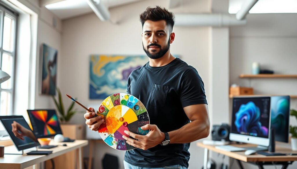 A highly skilled and versatile artist, standing in a well-lit, modern studio, holds a palette of vibrant colors and a paintbrush, poised to create a masterpiece. The artist's face reflects deep concentration, a fusion of technical mastery and creative passion. Surrounding the figure, an array of design tools, such as a graphics tablet, 3D modeling software, and a sleek, state-of-the-art computer, illustrate the diverse capabilities at their fingertips. The scene conveys a sense of boundless potential, where the fusion of traditional and digital artistry unlocks new realms of visual expression, embodying the "プラスアルファで有利な能力" that defines the exceptional art director.