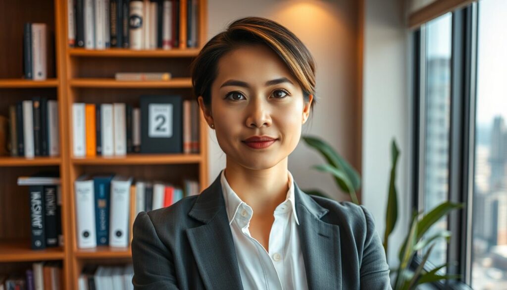 A highly skilled career consultant standing confidently in a well-lit office, wearing a crisp, professional outfit. Their face is in sharp focus, exuding an air of expertise and dedication. Behind them, a bookshelf filled with career-related resources and a window overlooking a bustling city skyline create a sense of authority and experience. The lighting is warm and balanced, highlighting the consultant's thoughtful expression as they guide a client through the complexities of career development. The scene conveys the importance and precision of the "キャリアコンサルティング技能士" role in helping individuals navigate their professional paths.
