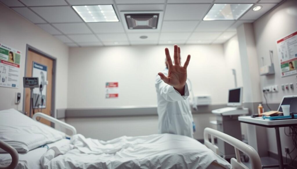 A hospital room interior with bright, clean lighting and a sterile, clinical atmosphere. In the foreground, a hospital bed with no patient, but medical equipment and supplies arranged neatly on a side table. The middle ground features a medical professional in a white lab coat and scrubs, their face obscured, gesturing sternly with a raised hand, conveying a sense of authority and prohibition. The background showcases medical posters and signage on the walls, emphasizing the medical setting. The overall mood is one of caution, professionalism, and the gravity of healthcare practices.