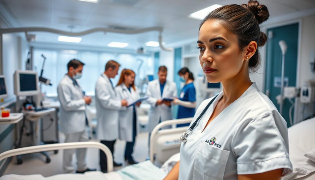 A hospital ward bustling with medical professionals carrying out their daily duties. In the foreground, a nurse in a crisp white uniform attends to a patient's bedside, checking vital signs with a focused expression. In the middle ground, a team of co-medical staff – a lab technician, a radiologist, and a physiotherapist – confer over test results and coordinate care. The background reveals a well-equipped hospital setting, with modern medical equipment, bright lighting, and a serene atmosphere that conveys the overall diligence and competence of the co-medical team. The scene is captured with a wide-angle lens, emphasizing the organized efficiency of the daily workflow.