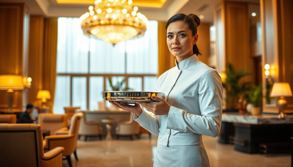 A hotel employee in a crisp white uniform stands at the ready, a silver tray in hand, awaiting guests in a luxurious lobby. Warm, golden lighting casts a welcoming glow, while plush armchairs and a grand chandelier create an atmosphere of refined elegance. The employee's posture is attentive, their gaze focused, ready to provide impeccable service. In the background, a marble-topped front desk and potted plants suggest the high-end nature of the establishment. The scene conveys the professionalism and attention to detail expected of a hotel service staff, setting the stage for an exploration of their earning potential.