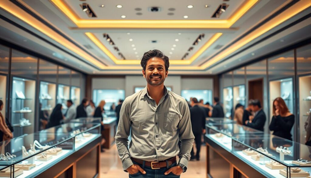 A jewelry designer standing confidently at the center of a prestigious jewelry exhibition, surrounded by intricate glass display cases showcasing their stunning creations. The lighting is warm and inviting, casting a soft glow on the designer's face as they survey the admiring crowd. In the background, a sleek, modern backdrop of clean lines and minimalist design emphasizes the designer's innovative and cutting-edge approach. The overall scene conveys the jewelry designer's elevated status within the industry, their creative vision, and the respect they command from their peers and customers.