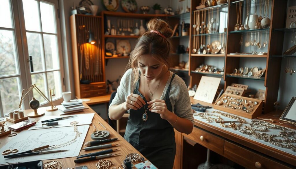 A jewelry designer's workshop, illuminated by soft natural light filtering through large windows. On the workbench, an array of delicate tools, precious gems, and sketches showcasing intricate designs. The designer, deep in concentration, meticulously crafts a stunning necklace, their skilled hands shaping the metal with precision. The surrounding shelves display a diverse collection of finished pieces, each one a testament to the designer's creativity, technical mastery, and unwavering attention to detail. An atmosphere of calm focus and artistic passion permeates the space, hinting at the dedication and determination that lie at the heart of a jewelry designer's success.