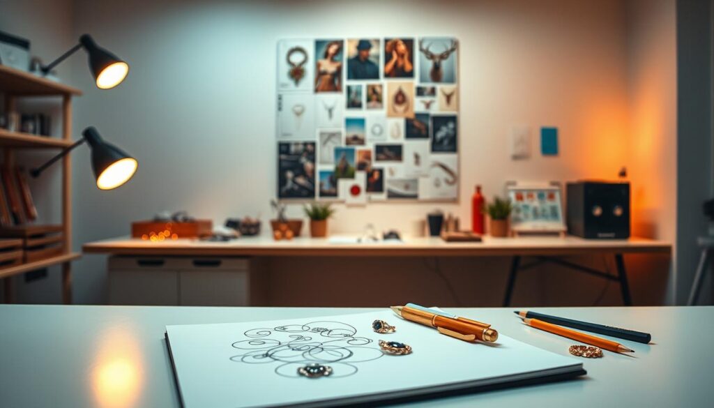 A jewelry designer's workspace, bathed in warm, diffused lighting. In the foreground, a sketchpad and various drawing implements sit on a sleek, minimalist workbench. Intricate gemstones and precious metals occupy the middle ground, hinting at the designer's creative process. In the background, a mood board adorns the wall, showcasing inspirational images, color palettes, and design sketches. The atmosphere is one of focused concentration and artistic expression, capturing the essence of a jewelry designer's journey.