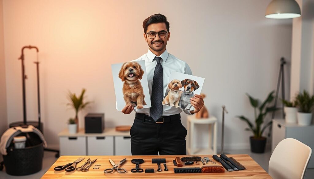 A job-seeking pet groomer stands confidently in a well-lit studio, holding a portfolio of their meticulously groomed animal clients. The foreground features their professional attire - a crisp white shirt, black slacks, and a neatly tied necktie. The middle ground showcases an array of pet-grooming tools, including scissors, brushes, and combs, neatly arranged on a clean, wooden table. In the background, a softly blurred backdrop of clean, minimalist decor creates a professional, inviting atmosphere. Warm, directional lighting from above casts an optimistic glow, highlighting the groomer's focused expression as they prepare to showcase their skills and experience to potential employers.