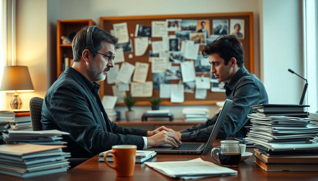 A journalist sitting at a desk, intently typing on a laptop computer, surrounded by stacks of papers, books, and a cup of coffee. The office has warm, soft lighting, creating an atmosphere of focused productivity. In the background, a bulletin board displays various notes, clippings, and photographs, hinting at the research and investigation process. The scene conveys the diligence, attention to detail, and intellectual curiosity required of a seasoned reporter documenting the experiences and perspectives of others.