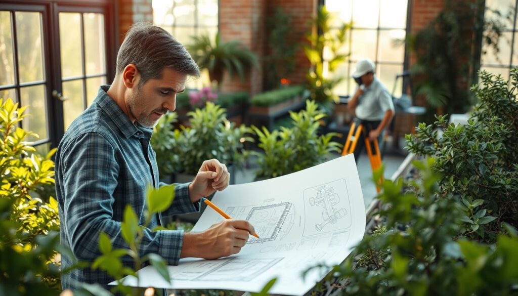 A landscape architect's day unfolds in vivid detail. In the foreground, a designer pores over blueprints, pencil in hand, meticulously planning a lush, harmonious garden. Midground, a horticulturist inspects thriving plants, evaluating their health and suitability for the client's vision. In the background, a surveyor maps the site, noting elevations and potential challenges. Warm natural light filters through the windows, casting a serene glow over the scene. The atmosphere is one of focused professionalism, as the team collaborates to bring the client's verdant dreams to life. Every decision, from material selection to plant placement, is carefully considered to create a stunning, functional outdoor oasis.