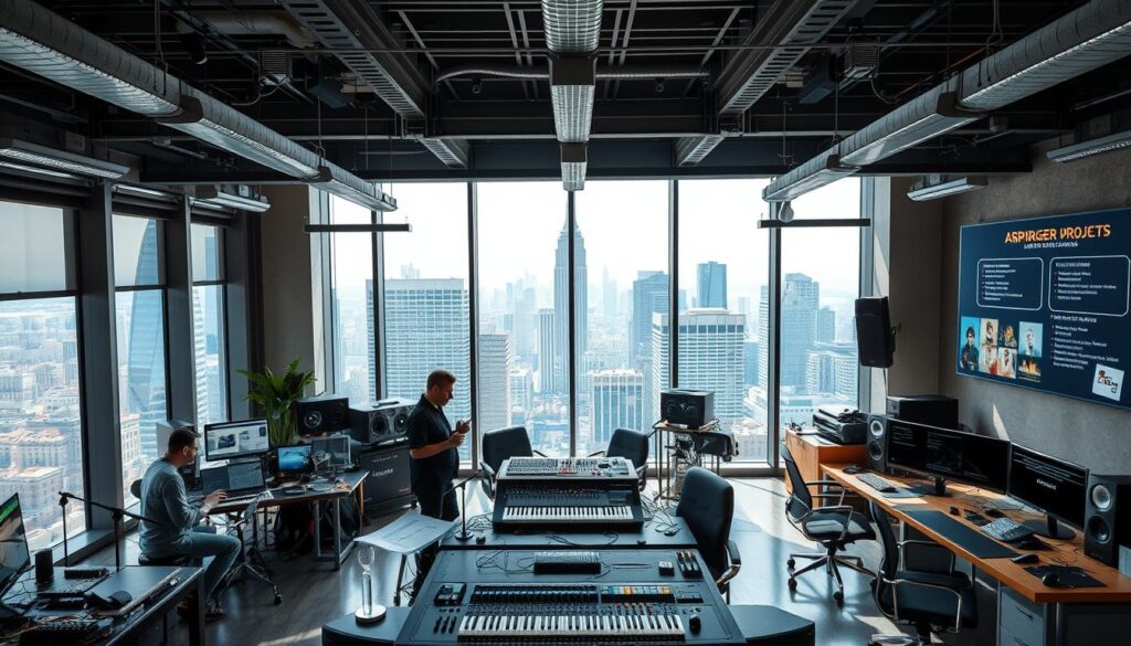 A large, open-plan office space with floor-to-ceiling windows overlooking a bustling city skyline. Natural light filters in, creating a bright and airy atmosphere. In the foreground, a team of creative professionals, including a composer, a vocalist, and a sound engineer, collaborate around a central mixing console and various musical instruments. The middle ground features various workstations, each equipped with powerful computers, audio equipment, and inspiring mood boards. In the background, a wall-mounted display showcases the latest project updates and client feedback. The overall environment exudes a dynamic, innovative, and collaborative vibe, reflecting the multifaceted nature of an arranger's work.