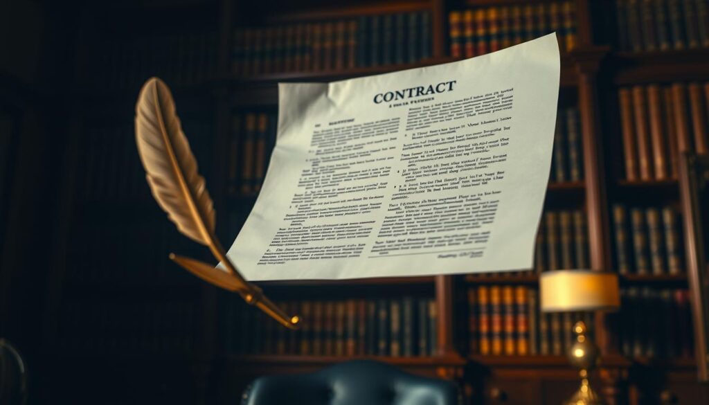 A legal document levitating in a dimly lit, intricate office setting. Soft, warm lighting casts shadows across the contract's fine print, evoking a sense of gravity and consequence. In the foreground, a quill pen hovers, its nib poised to sign or redact the terms. Behind, a majestic bookcase looms, its leather-bound volumes suggesting the weight of precedent and obligation. The atmosphere is one of contemplation and unease, hinting at the high stakes and potential penalties involved in breaking the covenant.