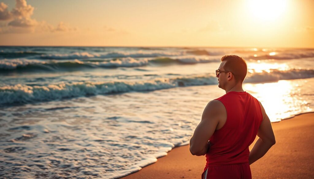 A lifeguard standing vigilantly on a sun-drenched beach, scanning the horizon for any signs of distress. The crashing waves and soft sand create a serene yet intense atmosphere, highlighting the vital role of these guardians of the shore. Clad in a vibrant red uniform, the lifeguard's muscular frame conveys strength and readiness, their gaze unwavering as they keep a watchful eye over the swimmers and beachgoers. The scene is bathed in warm, golden light, creating a sense of tranquility and security, underscoring the crucial need for skilled and attentive lifesavers in coastal communities.