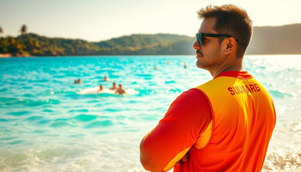 A lifeguard standing vigilantly on a sun-drenched beach, their gaze sweeping the sparkling azure waters. They wear a red and yellow lifesaving uniform, ready to spring into action at the first sign of distress. In the middle ground, swimmers frolic in the gentle waves, blissfully unaware of the lifeguard's watchful presence. The background features a lush coastline, with swaying palm trees and distant cliffs. Warm, golden sunlight bathes the scene, creating a tranquil, relaxing atmosphere. The lifeguard's pose exudes a sense of focus, preparedness, and dedication to their important role in ensuring the safety and wellbeing of beachgoers.