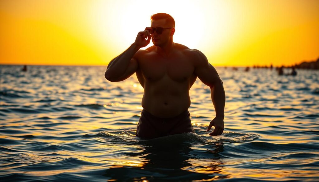 A lifeguard standing waist-deep in a tranquil ocean, their powerful frame silhouetted against the setting sun. The lifeguard's gaze is fixed intently, scanning the horizon for any signs of distress. Their well-muscled arms and toned physique convey the strength and endurance required for this vital role. The scene is bathed in a warm, golden light, creating a sense of calm and safety. In the background, beachgoers can be seen enjoying the calm waters, confident in the lifeguard's watchful presence. The image conveys the lifeguard's focus, physical capability, and dedication to protecting those in their care.