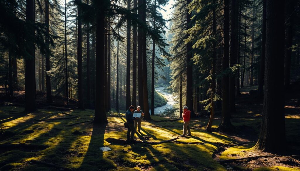 A lush, dense forest with towering pine, fir, and spruce trees casting long shadows across the mossy undergrowth. Sunlight filters through the canopy, illuminating a clearing where a team of forest management experts examines the landscape. They study soil samples, measure tree diameters, and consult detailed maps, grappling with the complex challenges of sustainable forestry. In the background, a winding creek babbles softly, underscoring the delicate balance between human intervention and natural preservation. The scene conveys the thoughtful, meticulous work required to manage and protect these vital natural resources.