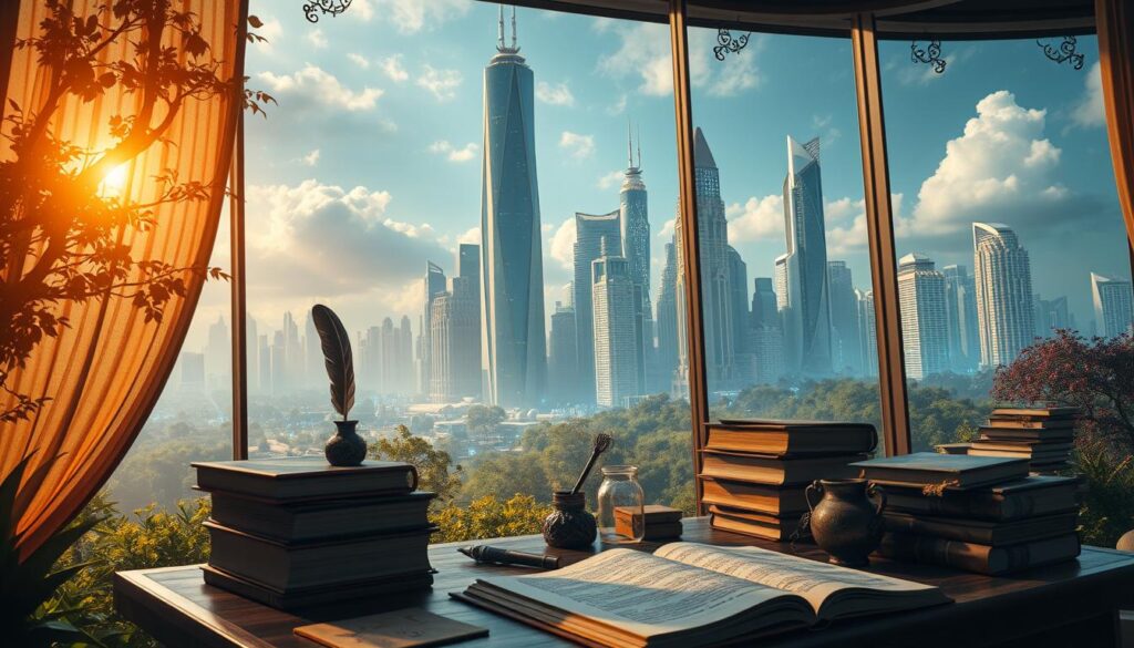 A lush, fantastical landscape with a towering digital city in the background, its sleek skyscrapers and shimmering holograms reaching towards the heavens. In the foreground, a whimsical author's desk, adorned with a quill, inkwell, and piles of handwritten manuscripts. Shafts of warm, golden light filter through large windows, casting a dreamlike glow over the scene. The overall atmosphere is one of boundless creativity and the boundless possibilities of digital media, hinting at the thrilling future that awaits the aspiring fantasy writer.