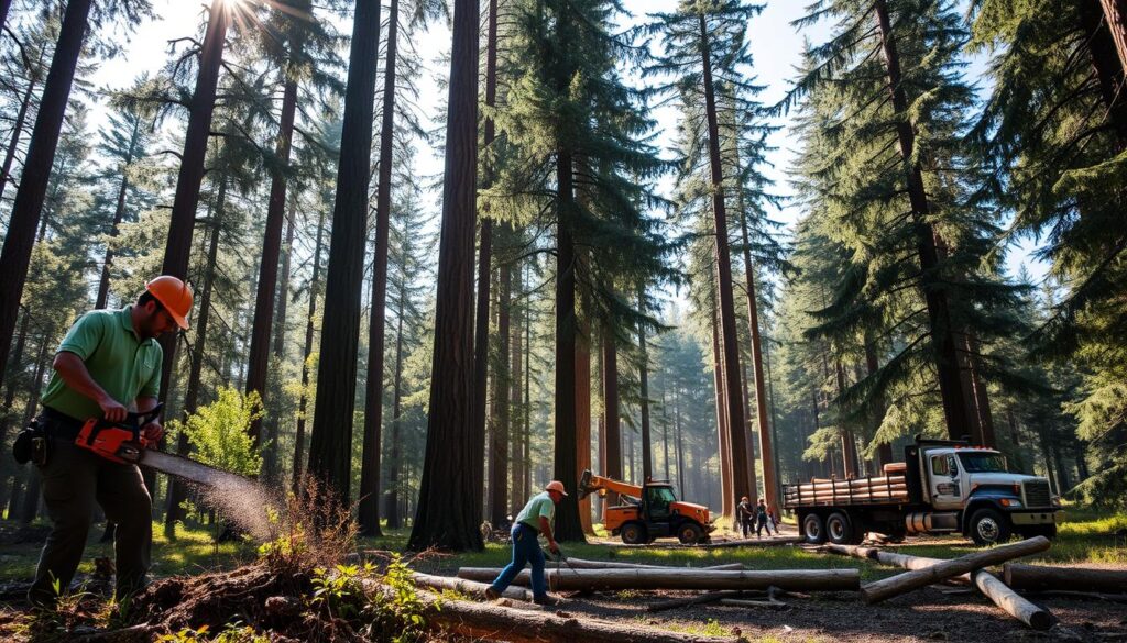 A lush forest setting, sunlight filtering through the canopy of towering cedar and cypress trees. In the foreground, a forestry worker carefully operates a chainsaw, skillfully trimming branches and felling smaller trees. In the middle ground, a group of workers move logs using specialized machinery, while in the background, a log truck waits to transport the harvested timber. The scene conveys the physical demands and technical expertise required in the varied tasks of sustainable forestry, from selective thinning to efficient log transport, all carried out within the serene natural environment.