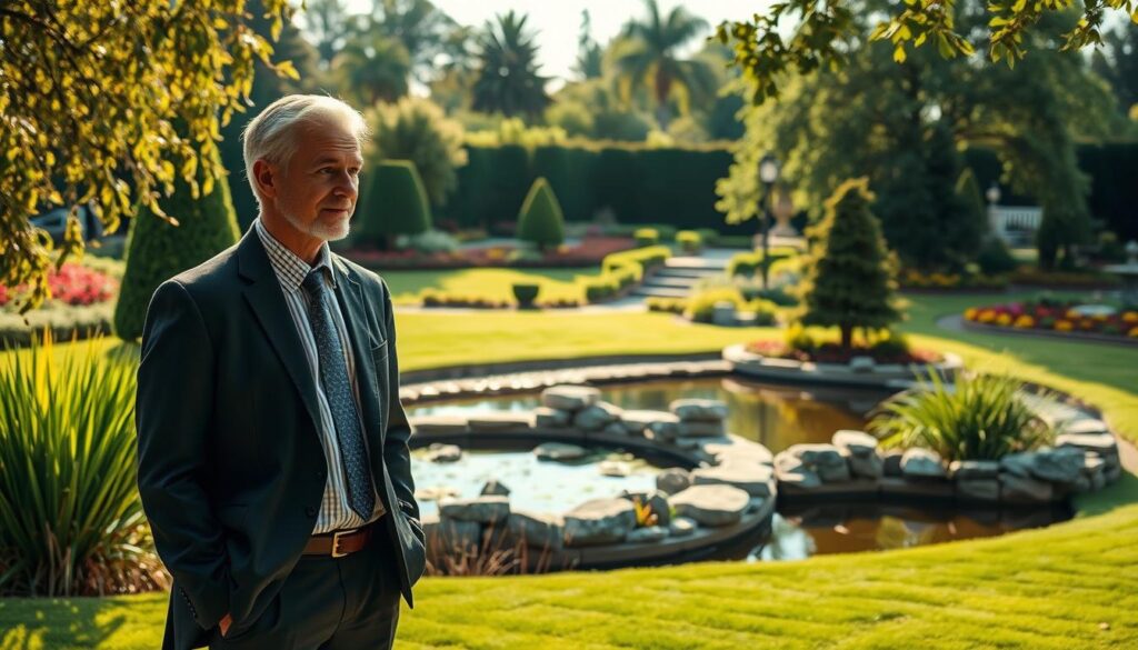 A lush outdoor setting, with a tranquil pond and a professional-looking person in the foreground, dressed in formal attire and appearing to be in deep discussion with a client. In the background, a verdant landscape with carefully manicured trees, shrubs, and flower beds, suggesting the scope and importance of the landscape design industry. Warm, natural lighting bathes the scene, highlighting the attention to detail and harmonious integration of the built and natural environments. The overall atmosphere conveys the expertise, creativity, and value that a skilled landscape consultant can bring to their clients.
