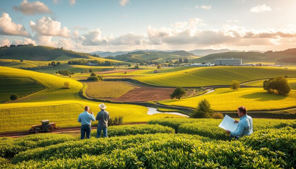 A lush, rolling landscape dotted with verdant fields and meandering streams. In the foreground, a team of agricultural civil engineering consultants examine topographical maps and survey the terrain, their faces focused with determination. In the middle ground, heavy machinery rumbles as it prepares the land for irrigation systems and drainage networks. In the distance, a modern office building stands, symbolizing the headquarters where these consultants collaborate on innovative solutions to optimize agricultural productivity. Soft, golden lighting filters through scattered clouds, casting a warm, contemplative atmosphere over the scene. This is the career path of the agricultural civil engineering consultant, a vital role in shaping the future of sustainable, efficient food production.
