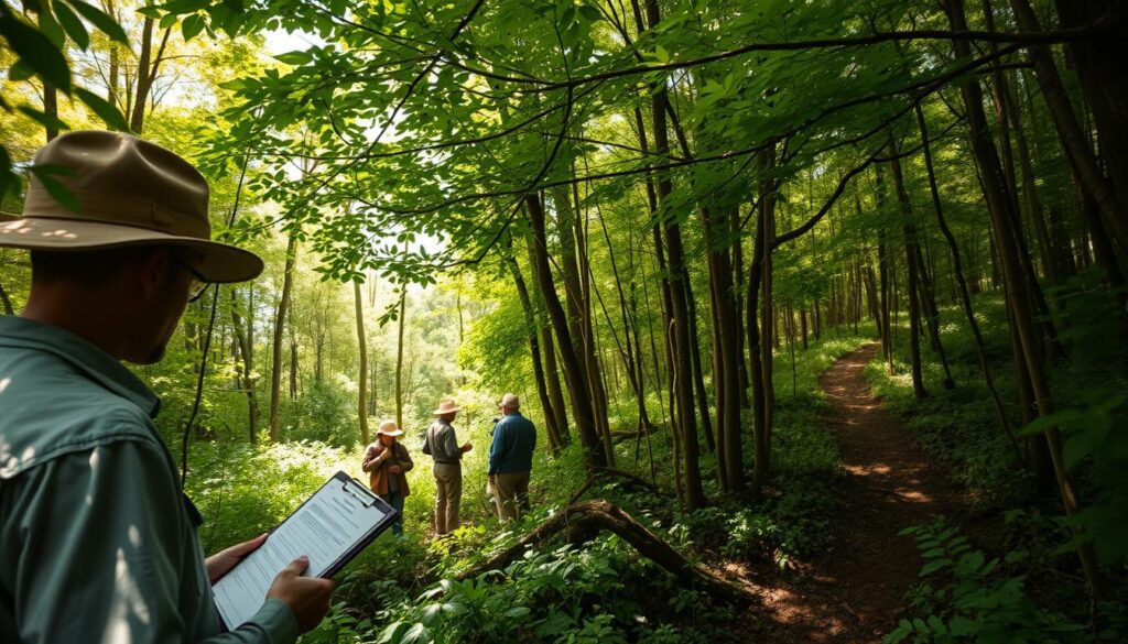 A lush, verdant forest canopy fills the frame, sunlight filtering through the leaves and casting a warm, natural glow. In the foreground, a forest ranger meticulously inspects the undergrowth, clipboard in hand, observing the health and diversity of the flora. The middle ground reveals a team of forestry experts surveying the land, analyzing soil samples and monitoring wildlife habitats. In the background, a winding trail leads deeper into the woodland, suggesting the vast expanse of the managed forest. The scene conveys a sense of diligence, environmental stewardship, and the crucial role of forest management in sustaining ecological balance.