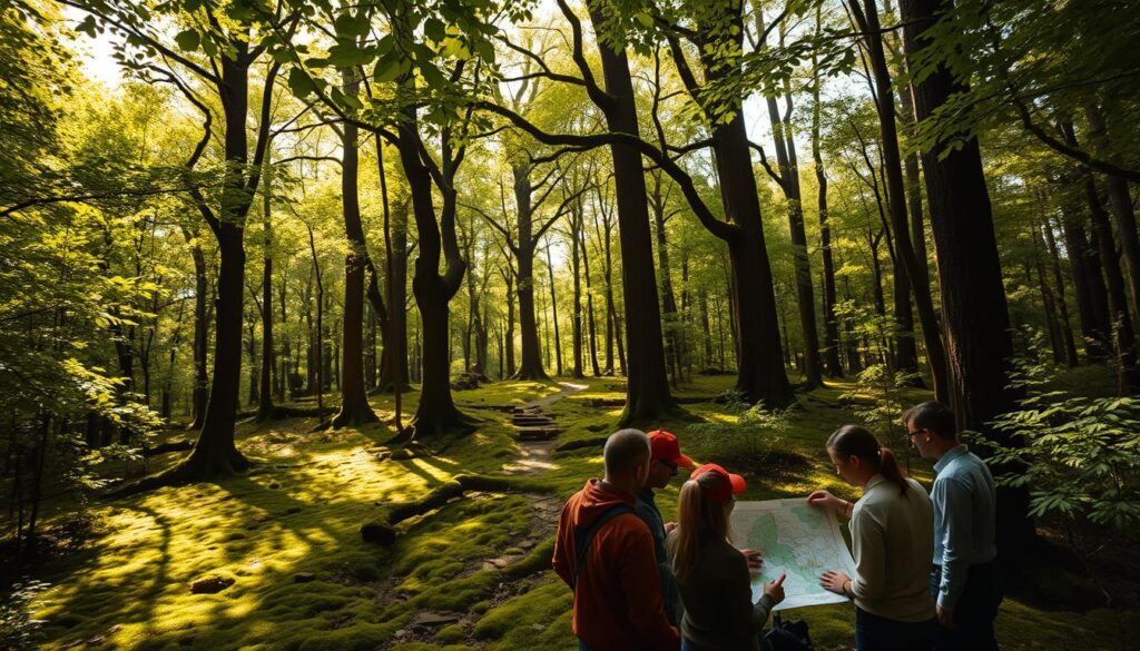 A lush, verdant forest canopy, sunlight filtering through the leaves, casting a warm, dappled glow across the mossy floor. In the foreground, a group of forestry professionals gathered around a topographic map, engaged in animated discussion, their silhouettes captured in a soft-focus composition. The middle ground features a network of interconnected paths, winding through the undergrowth, symbolizing the collaborative nature of their work. In the background, towering trees reach skyward, their branches intertwined, mirroring the collaborative spirit of the scene. The overall atmosphere is one of thoughtful contemplation, with a sense of unity and purpose emanating from the forestry professionals as they navigate the complexities of sustainable forest management.