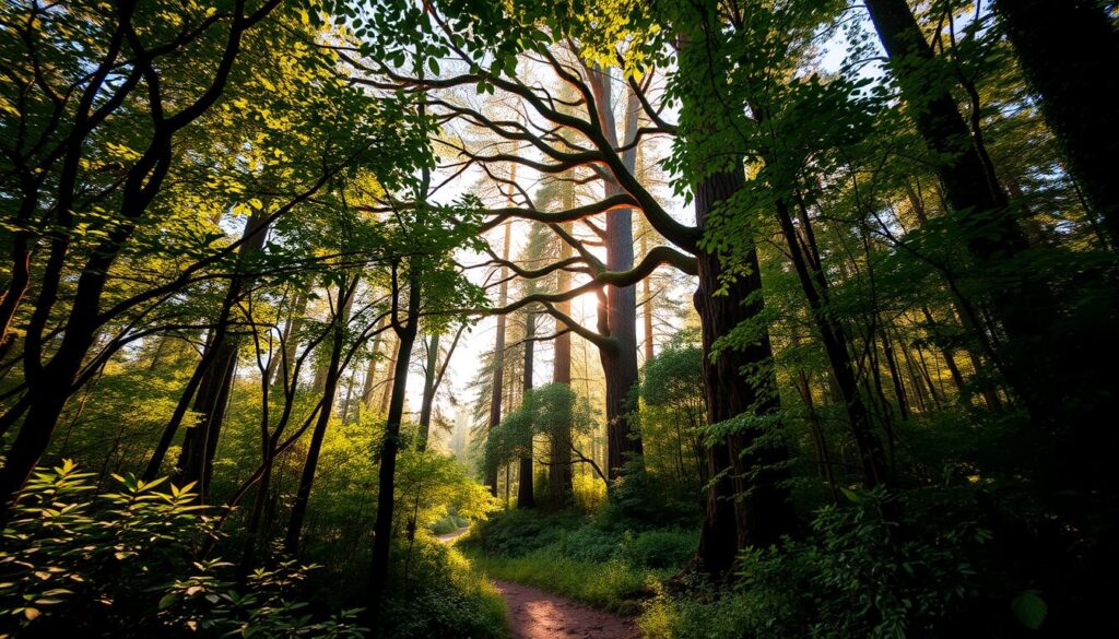A lush, verdant forest canopy with sunlight filtering through the leaves, casting a warm, golden glow on the undergrowth below. In the foreground, a diverse array of flora and fauna thrives, hinting at the delicate balance of a well-managed ecosystem. The middle ground reveals a path winding through the forest, guiding the viewer deeper into the scene. In the background, towering, ancient trees reach skyward, their branches intertwining to create a serene, cathedral-like atmosphere. A sense of tranquility and harmony pervades the image, suggesting a promising future for sustainable forest management practices.