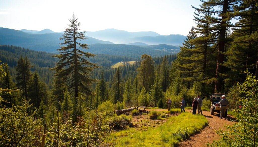 A lush, verdant forest landscape, with sunlight filtering through the canopy of towering trees. In the foreground, a winding path leads towards a group of individuals engaged in various forestry activities - monitoring wildlife, surveying vegetation, and operating specialized equipment. The middle ground showcases a mix of young saplings and mature timber, hinting at the cyclical nature of sustainable forest management. In the background, rolling hills and distant peaks create a sense of depth and scale. The lighting is warm and natural, casting a golden glow across the scene. The overall atmosphere conveys a harmonious balance between human stewardship and the natural wonder of the forest ecosystem.
