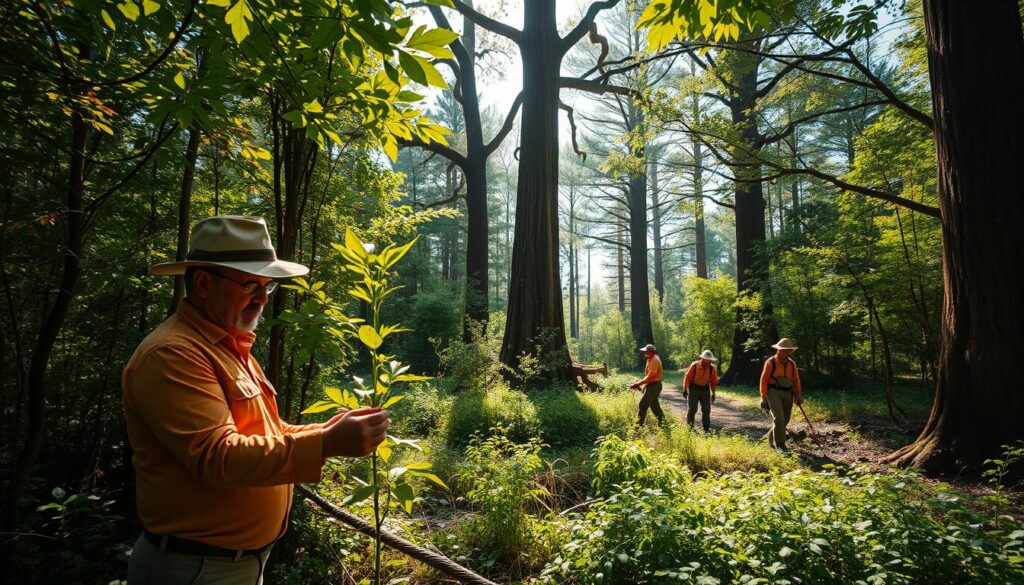 A lush, verdant forest with sunlight filtering through the canopy, casting warm, dappled shadows on the forest floor below. In the foreground, a skilled forest manager examines a young sapling, carefully assessing its growth and health. In the middle ground, a team of workers carefully thin out underbrush, maintaining the delicate balance of the ecosystem. In the background, towering ancient trees stand tall, their branches reaching towards the sky, a testament to the long-term planning and sustainable practices of the forest management team. The scene conveys a sense of harmony and stewardship, where the forest's natural beauty is preserved and nurtured through the application of specialized knowledge and expertise.