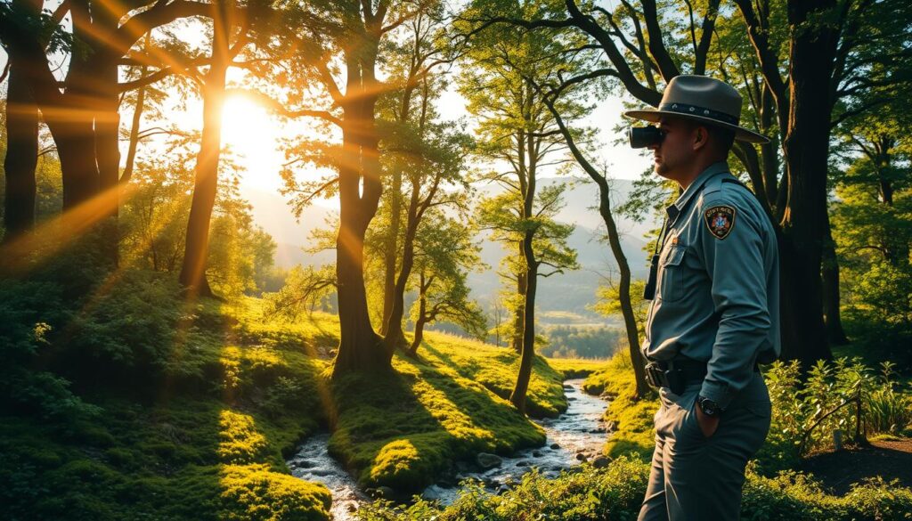 A lush, verdant forest with towering trees, mossy undergrowth, and a crystal-clear stream winding through the center. Beams of warm, golden light filter through the canopy, casting a serene, natural glow on the scene. In the foreground, a park ranger stands vigilantly, dressed in a rugged uniform and equipped with binoculars, observing the thriving ecosystem. The ranger's posture exudes a sense of dedication and a deep appreciation for the delicate balance of the environment. The background features a panoramic view of rolling hills and distant mountains, emphasizing the vastness and importance of preserving these natural wonders. The overall atmosphere is one of tranquility, harmony, and the crucial role of rangers in safeguarding our precious natural habitats.