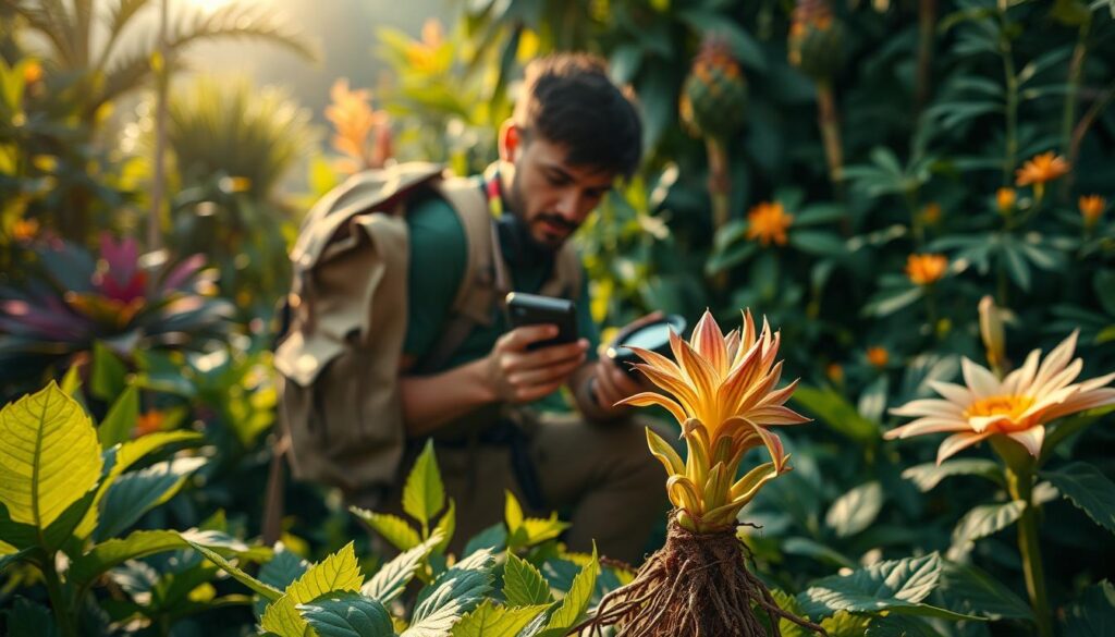 A lush, verdant landscape with a professional plant hunter at the center, intently examining a rare, exotic specimen. In the foreground, intricate details of the plant's leaves, petals, and root structure are visible, captured through a high-resolution macro lens. The middle ground showcases the plant hunter's field equipment, including a sturdy backpack, magnifying glass, and a small notebook for recording observations. In the background, a diverse array of vibrant, otherworldly flora creates a sense of wonder and discovery. Soft, warm lighting illuminates the scene, casting long shadows and evoking a sense of tranquility and focus. The overall mood conveys the plant hunter's passion, expertise, and dedication to their craft.