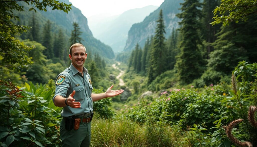 A lush, verdant landscape with towering mountains in the background. In the foreground, a park ranger stands amidst a diverse array of native flora, gesturing towards the wilderness with a warm, welcoming expression. Soft, diffused sunlight filters through the canopy, creating a serene and tranquil atmosphere. The ranger's uniform is crisp and well-maintained, conveying a sense of professionalism and dedication to environmental stewardship. The middle ground features a picturesque hiking trail winding through the landscape, inviting the viewer to explore and appreciate the natural wonders before them. The overall composition emphasizes the harmony between humanity and nature, inspiring a deep appreciation for the importance of conservation and responsible outdoor recreation.