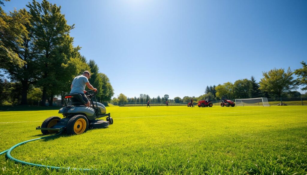 A lush, verdant soccer field under a bright, azure sky. In the foreground, a skilled groundskeeper diligently mows the well-manicured grass, his body in perfect sync with the machinery. In the middle ground, a team of workers carefully tending to the field's surface, raking and aerating the soil. Further back, a collection of specialized tools and equipment, from lawn mowers to sprinklers, highlighting the diverse skillset required. The scene exudes a sense of pride and professionalism, capturing the essential skills of a groundskeeper - attention to detail, physical dexterity, versatility, and a deep appreciation for the beauty and playability of the field.